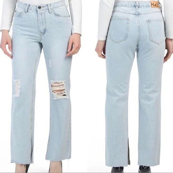 Avec Les Filles High Rise Slit Hem Distressed Straight Leg Jeans 27 Light Wash - Picture 1 of 10